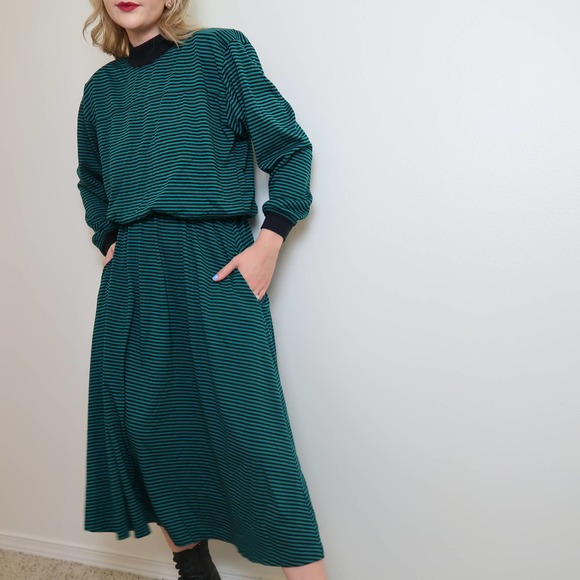 alison j Dresses & Skirts - Vintage 80s teal green black striped midi dress